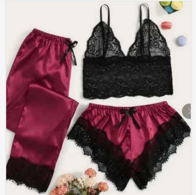 

ZZYUP women's sexy lingerie hot sale cheap 3 pieces sexy lace satin pajamas set sleepwear cami bra trousers set for women