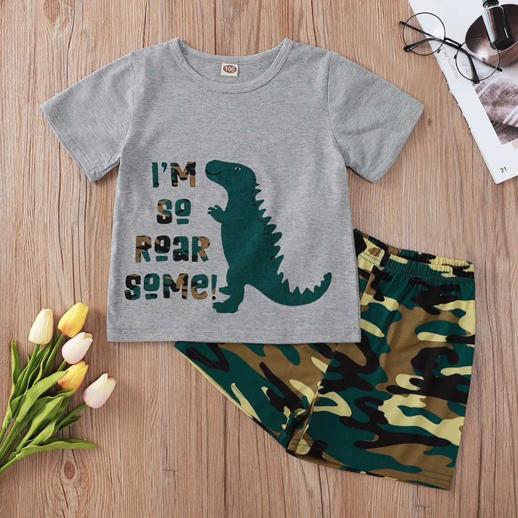 

wholesale Summer Toddler Boy Clothes children dinosaur Tops camo Shorts Outfit Set Clothes, As image shown