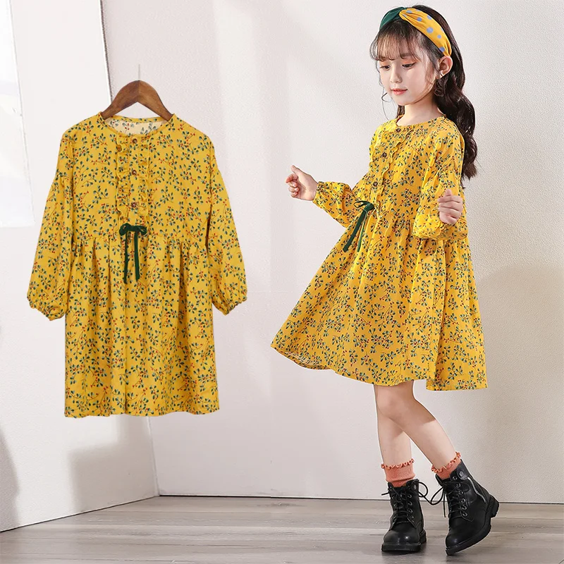 

2021 Spring Fashion Yellow Long Sleeve Dress Korean Children New Style Princess Flower Print Vintage Flower Girls Dress
