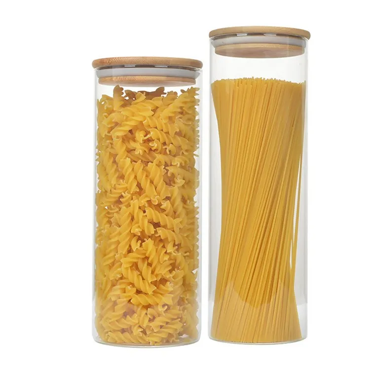 

900ml 1000ml borosilicate glass kitchen canisters macaroni spaghetti storage glass jars and bottles with bamboo lids, Any color