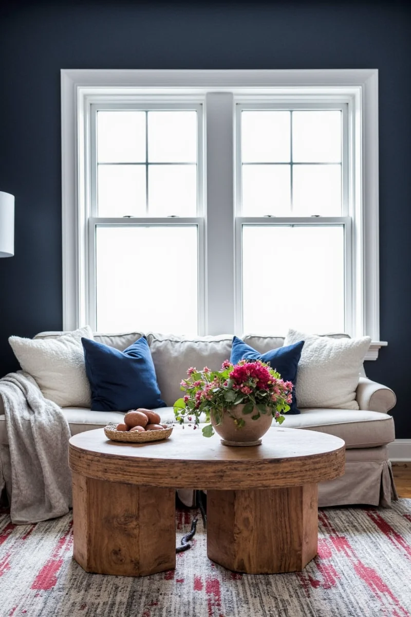 Living room with one accent wall in dark color and light furnishings