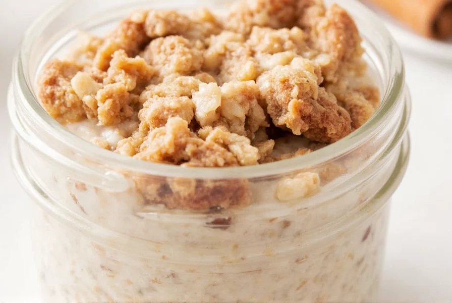 Step-by-step preparation of cinnamon roll overnight oats in mason jar showing creamy texture and cinnamon swirls