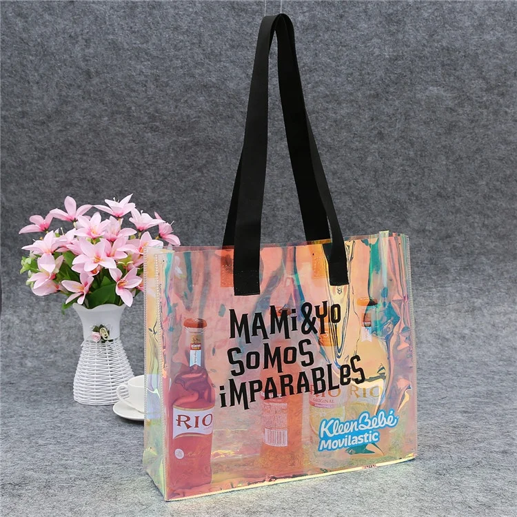 

Personalized laser long handle PVC single shoulder advertising shopping bag with logo, Transparent/clear/frosted