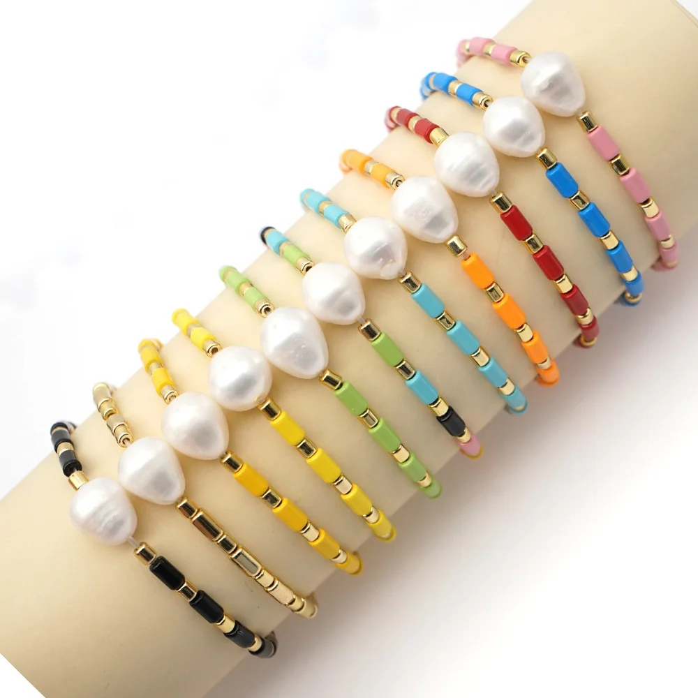 

New Trendy Enamel Tube Freshwater Pearl Bracelet Tile Beads Bracelet, As picture