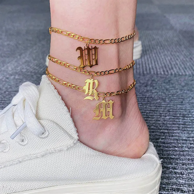 

Hongtong Factory Wholesale Letter Cuban Chain Stainless Steel Initial Anklet Gold Plated Anklet A to Z Alphabet Jewellery