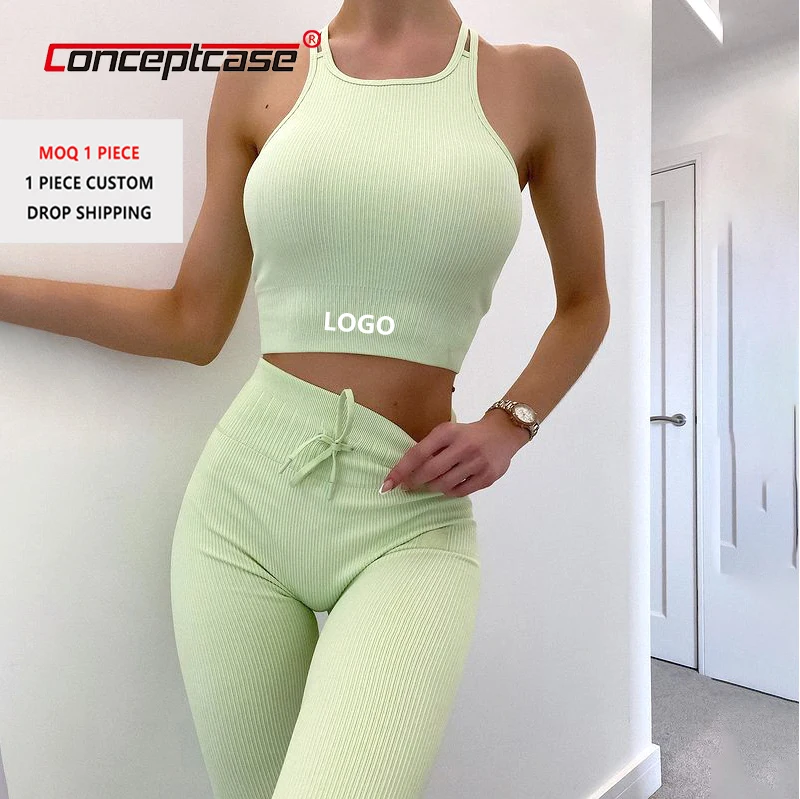 

Drop Shipping Ropa De Deporte Yoga Fitness Workout Clothes Gym Sport Clothing Suit Activewear Ribbed Seamless Women Yoga Set