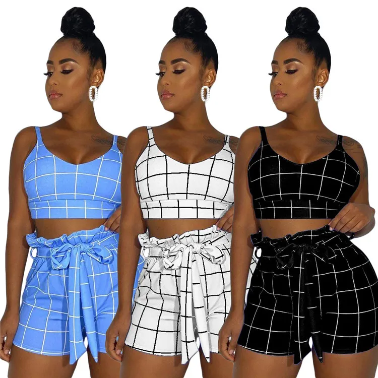 

Summer New Women Sets Tracksuits Plaid Print Tops+Shorts Suit Two Piece Set Club Party Sashes Street 2 Pcs Set