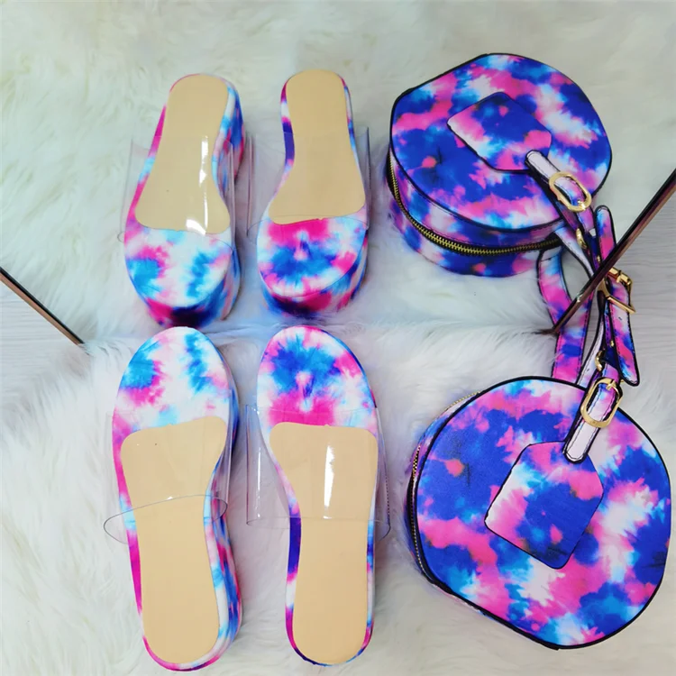 

2021 New Arrival Women Tie Dye PVC Upper Platform Mules Ladies Thick Bottom Open Toe Beach Sandals Bag Sets, Mix