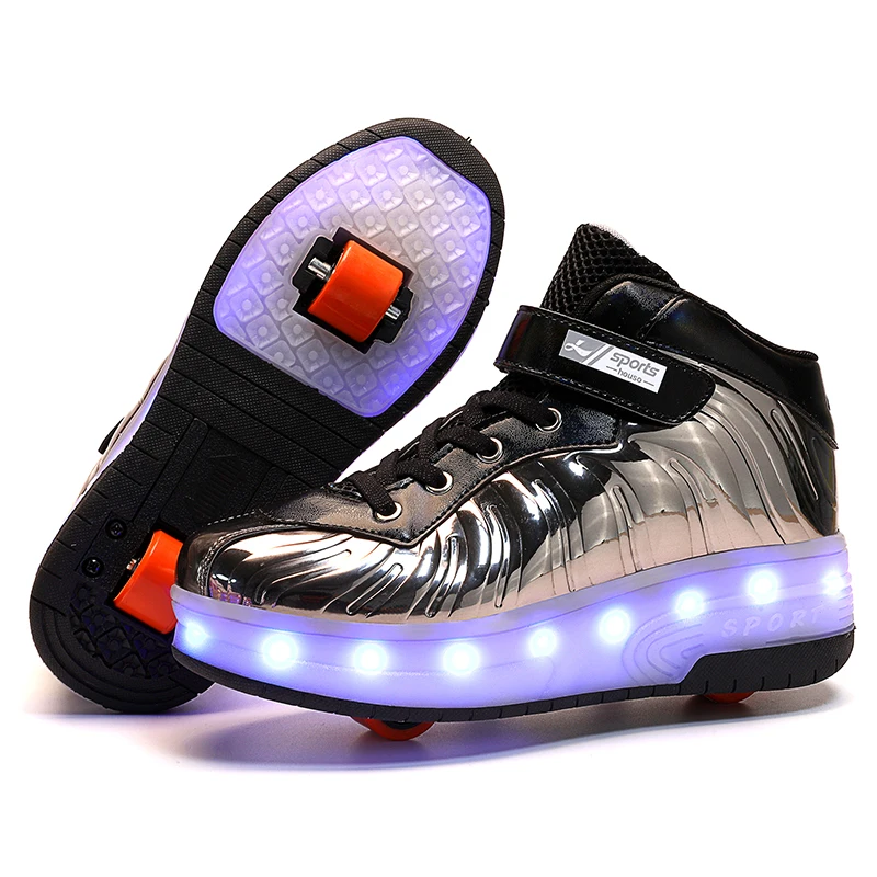 

2020 Wholesale Kids light Flashing Led shoes with 2 Wheels Skate Roller Shoes, Pink red silver