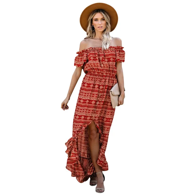 

Casual Bohemian Strand Jurk Vintage Ruches Gedrukt Lange Maxi Jurk Zomer Vrouwen Boho Vakantie Jurken Off The Shoulder Dresses