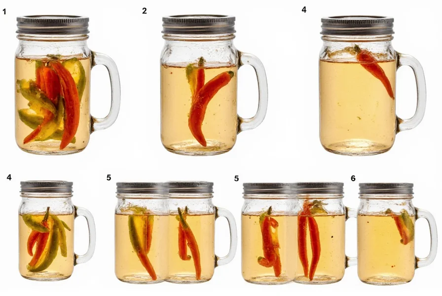 Step-by-step visual guide showing chili peppers in mason jar with brine during fermentation process