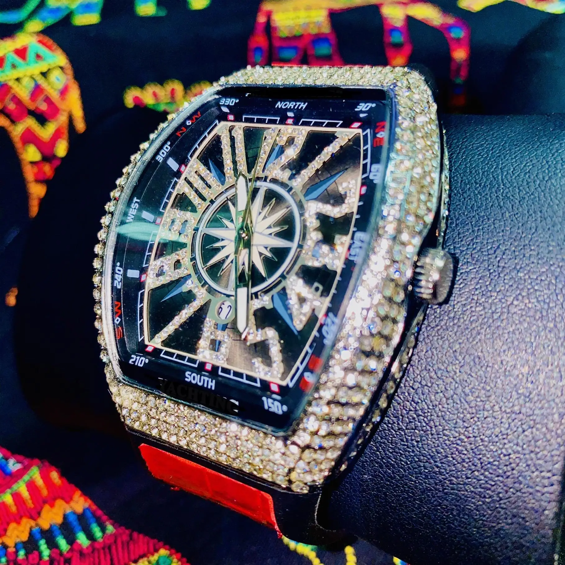 

FM High quality custom Luxury Leather Watch Strap Watches Hip Hop Iced Out Crystal Watches For Men