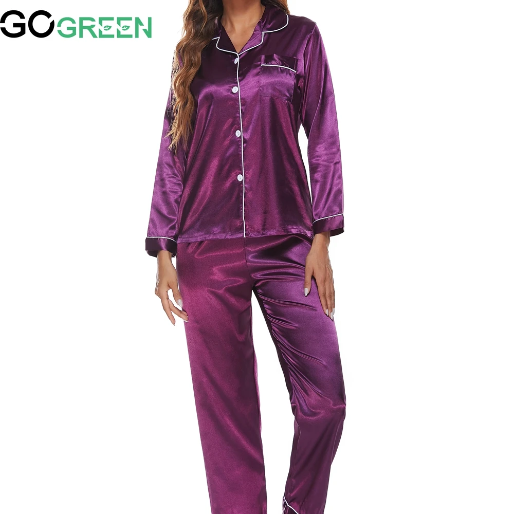 

RTS Pure Color High Collar Long Sleeve 2 Pieces Women Ladies Pajamas Set Satin
