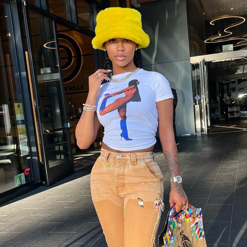 

Summer Fashion Graphic T Shirts Tees Short Sleeve Print Crop Top Women T Shirt Streetwear Funny White Tops C14538