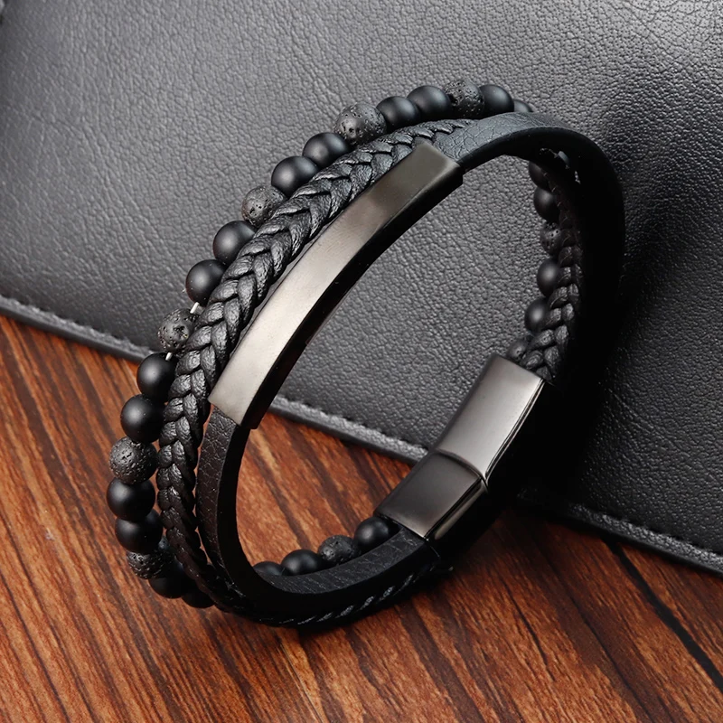 

New Multi Color Hand Jewelry Custom Handmade 316l Stainless Steel Black Lava Stone Braided Woven Genuine Leather Bracelet Men