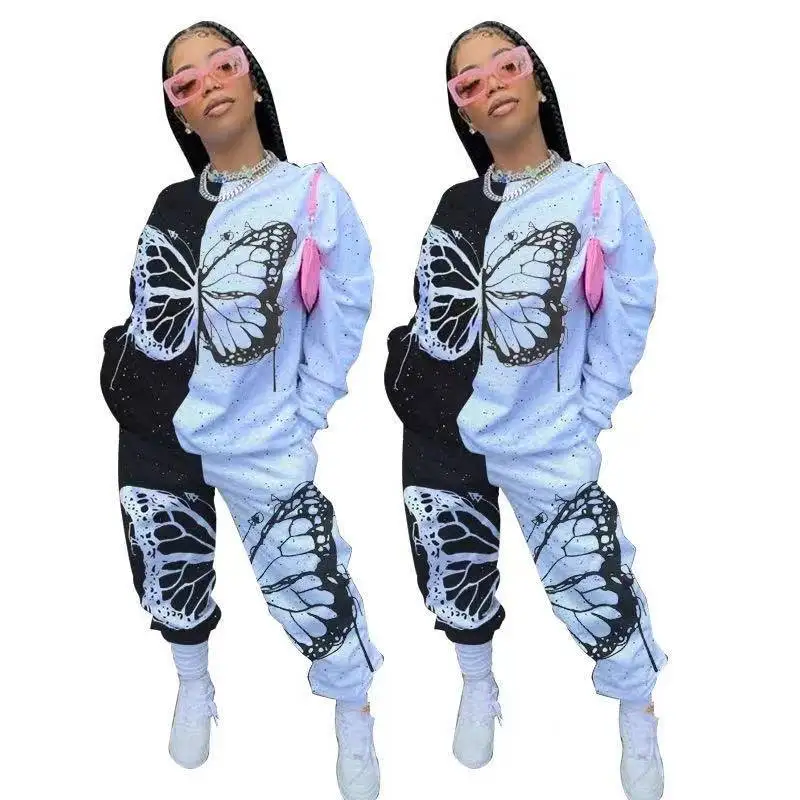

2022 new arrivals S 5XL fashion contrast color Butterfly thick sweatsuit two piece set winter clothes for women streetwear, As picture