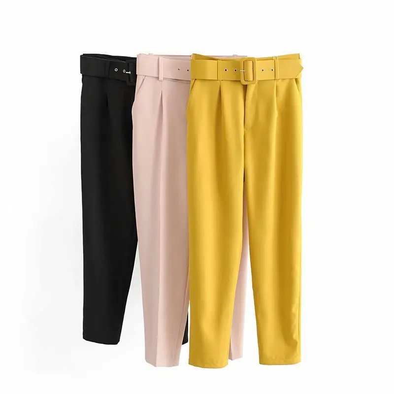 

Woman High Waist Black Suit Pants Office Ladies Belted Straight Leg Slacks Trousers, Black/yellow/pink