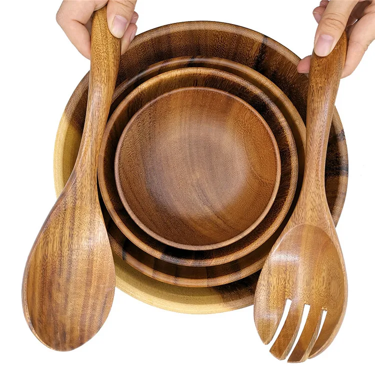 

High Quality Eco Friendly Custom Logo Acacia Wood Salad Soup Dinner Serving Bowls Cooking Tableware Wooden Bowl, Natural