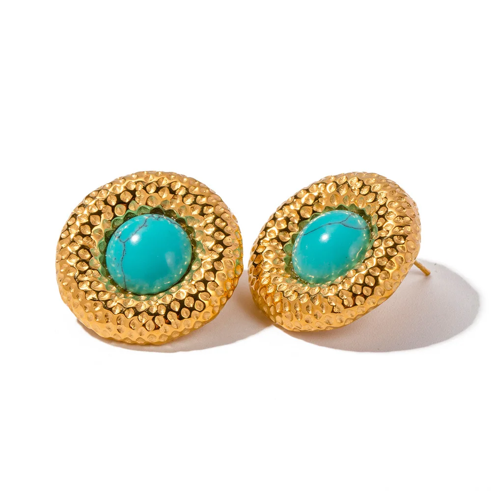 Aretas Wholesale Fashion Jewelry Plated With 18k Gold Stainless Steel Circular Hammer Pattern Design Embedded With Stone Earring