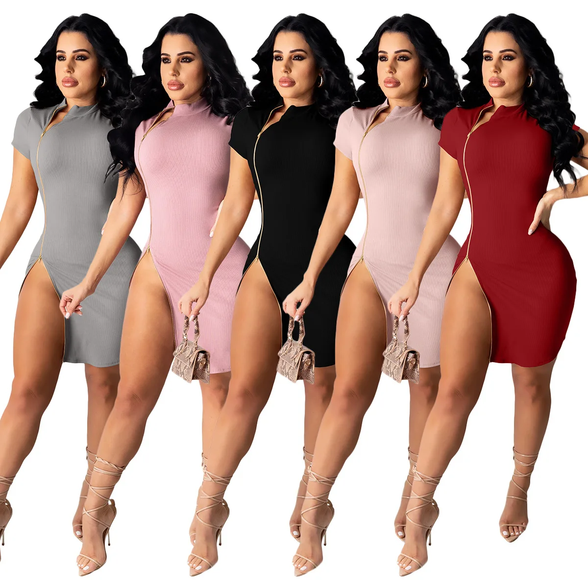 

Wholesale High Quality Women Sexy fashion double puller zipper short Sleeve slim Dress