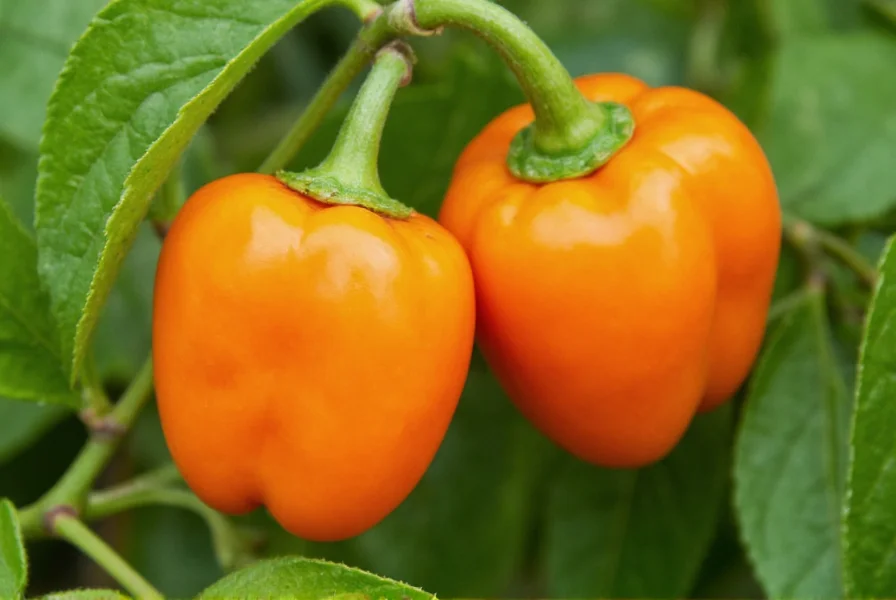 Close-up view of jigsaw pepper showing distinctive puzzle-like patterns on orange fruit against green foliage