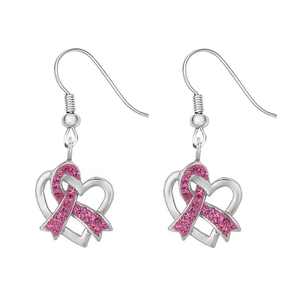 Legering verzilverd roze rhinestone lint charms hart vorm sieraden borstkanker haak oorbellen