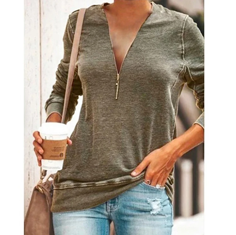 

Zipper V-neck stitching long-sleeved T-shirt
