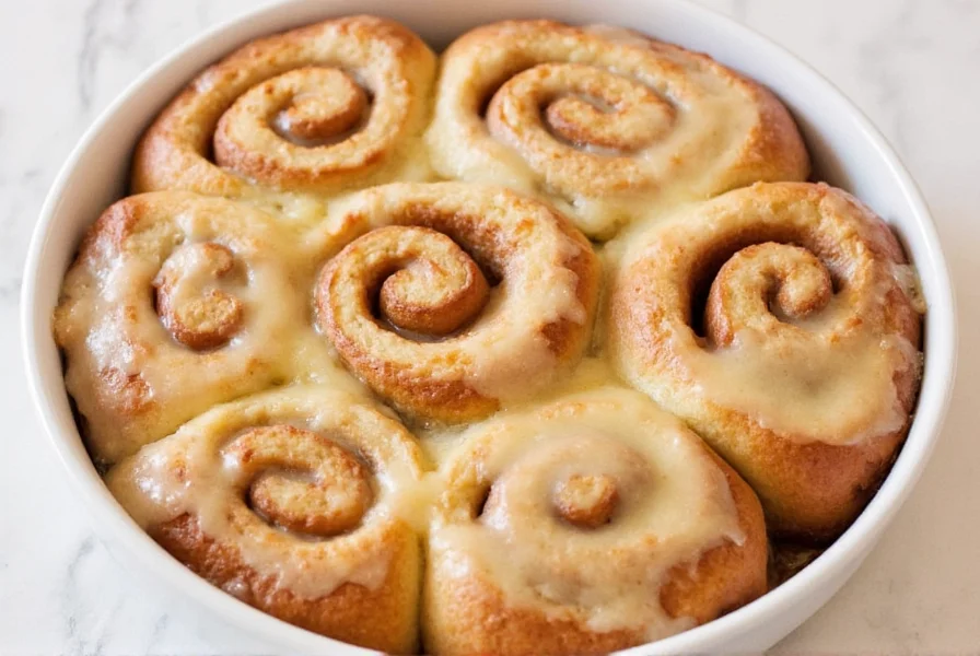 Cinnamon roll breakfast bake showing golden brown pull-apart texture in baking dish