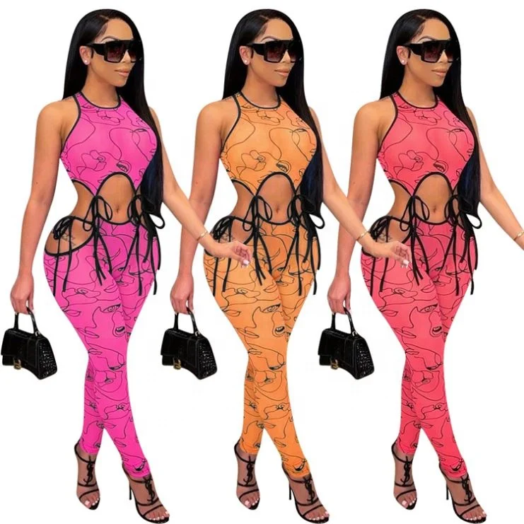 

Fashion Sexy Women Bodycon Jumpsuits Sleeveless Print Bandage Hollow Out Ladies One Piece Rompers, Picture