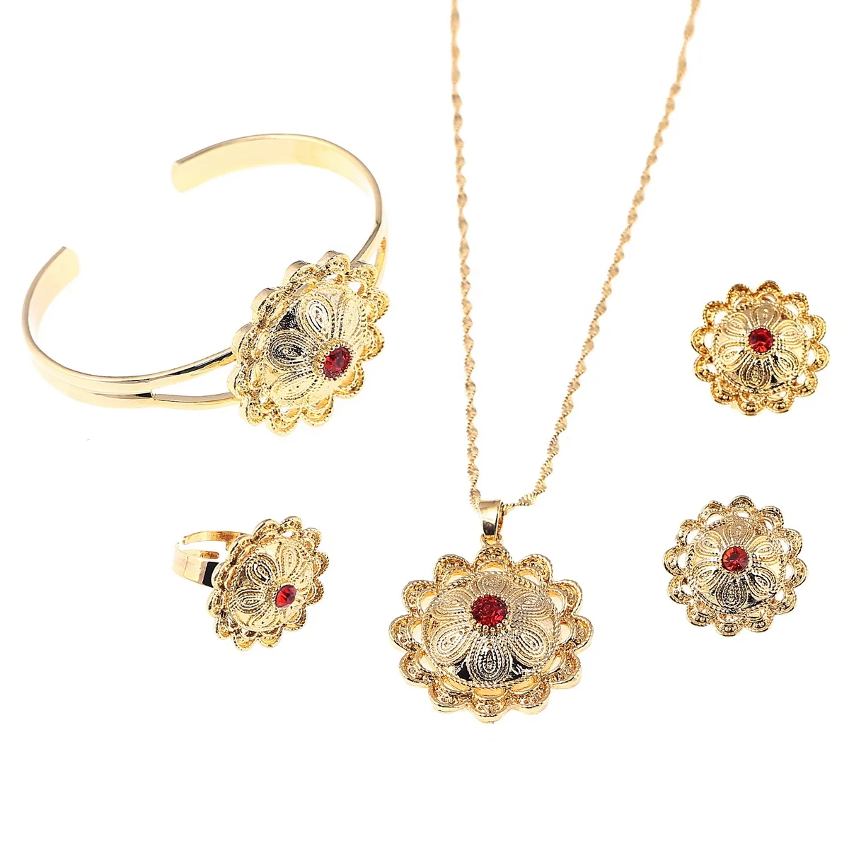 

Ethiopian Crystal Bridal Wedding Jewelry Set Eritrea Habesha African Gold Color Necklace Bangle Earrings Ring