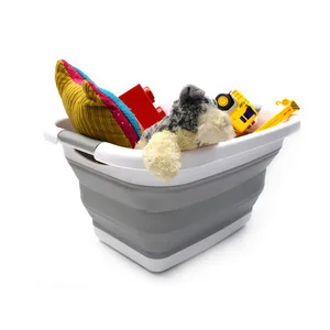 Image of QJMAX Best Grey and White Collapsible Plastic Cheap Folding Laundry Basket For Bathroom
