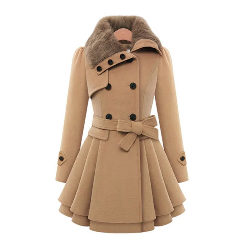 

Jtfur Women Retro Slim Fit Double breasted Wool Coat Faux Fur Collar Ruffle Design Jacket Coat, Color in stock