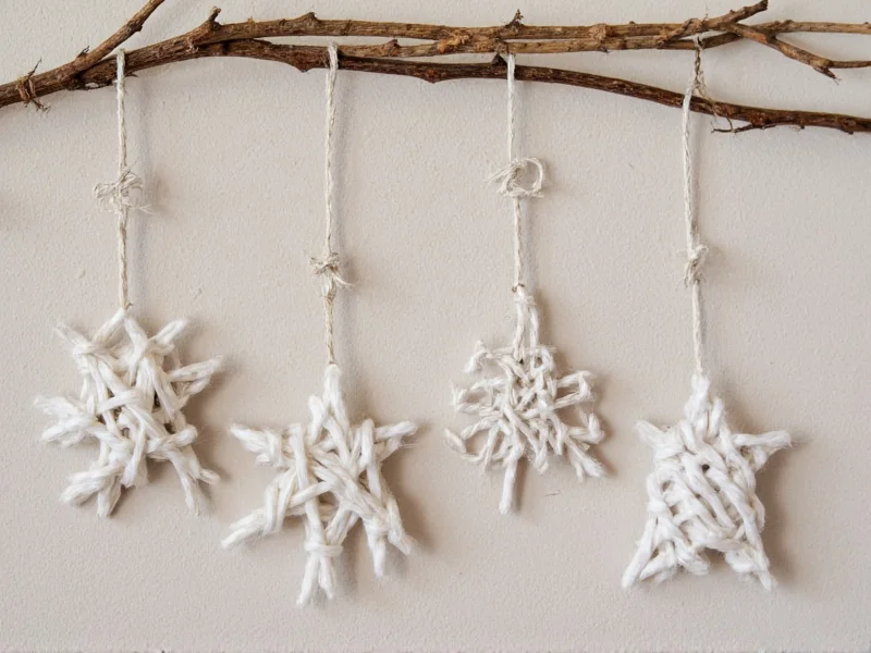 Twine-wrapped star ornaments on rustic string