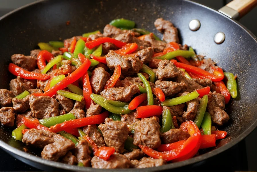 Authentic Chinese pepper beef stir-fry in wok with colorful bell peppers and tender beef strips