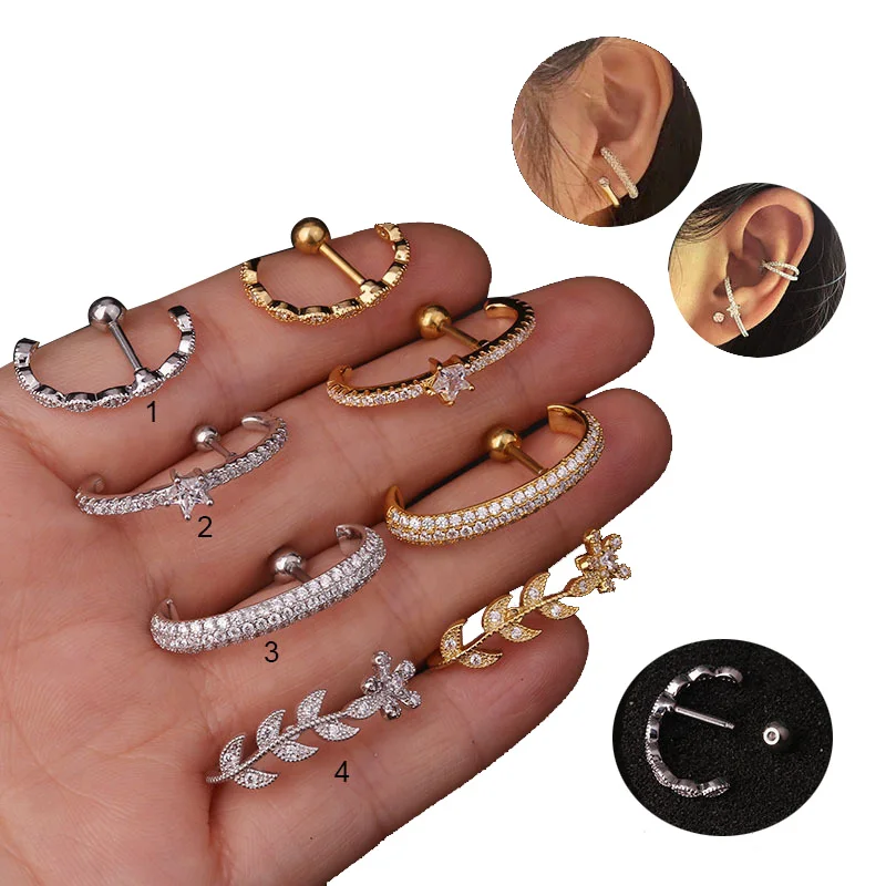 

Branch Shape Stainless Steel Stud Earring Cartilage Huggie Earrings Ear Bone Clip Cubic Zircon Women Body Piercing Jewelry