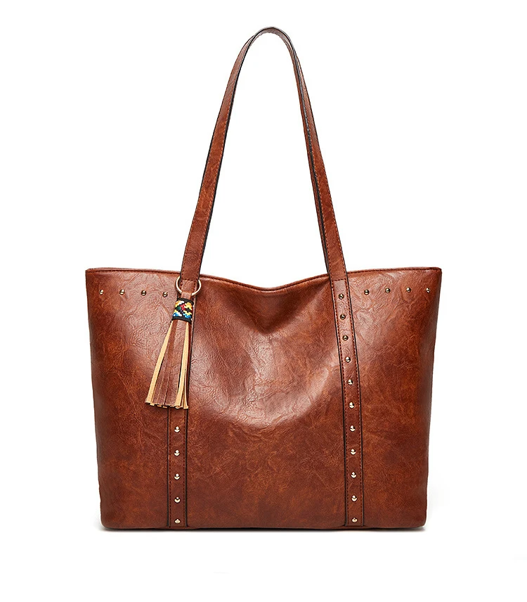 

Fashion Larger Vintage lady tote Messenger women leather rivet Tassel handbag hand bags
