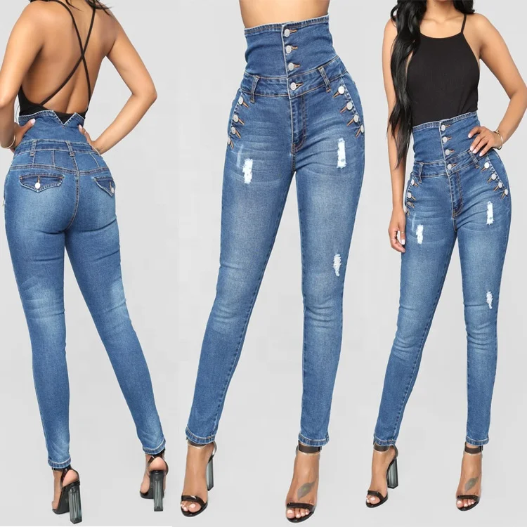 

Jeans Women 2020 Ladies High-waist Multi-buckle High-stretch Pants Fashion Slim-fit Slim Jeans Hight Quality Clothes Woman, Blue-black/light blue/dark blue