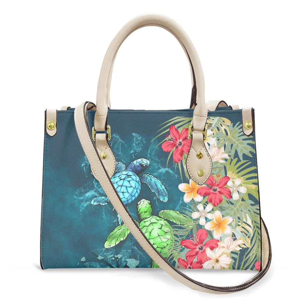 

2021 Small Handbags Kosrae Polynesian Blue Green Turtle Flower Tribal White Handbags Pu Leather for Women Luxury Leather Design, Accept custom made