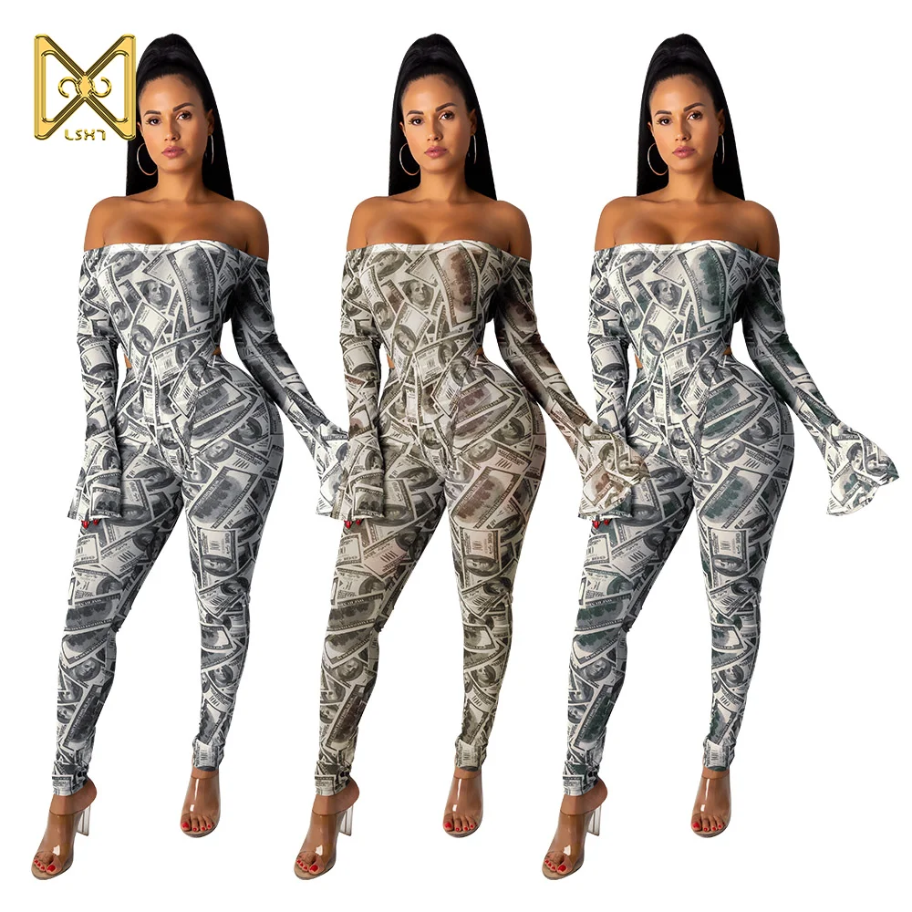 

money Printed sexy jumpsuit Off Shoulder Long Flare Sleeve Skinny Romper Money Print Pants Set Fashion Streetwear, 3 colors