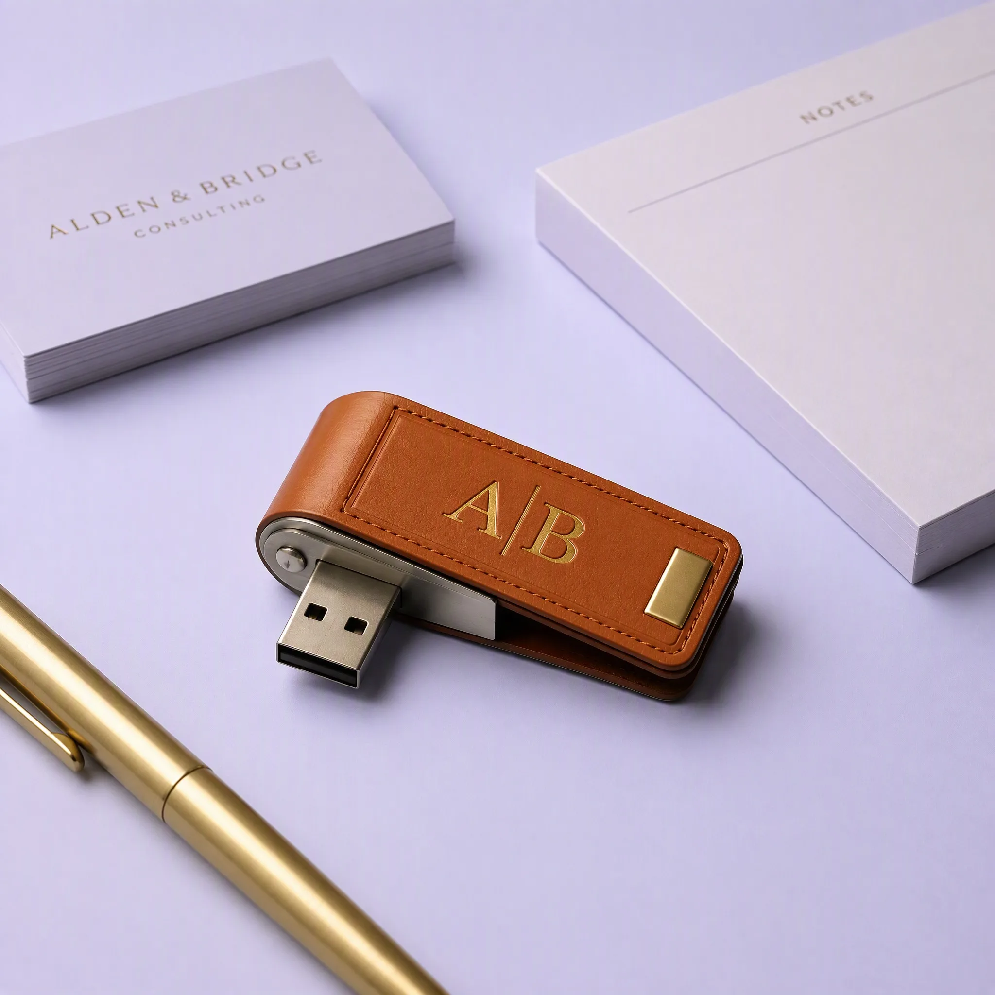 Executive Tech Desk Setup with Gold Metal Pen, White Notes Notepad, Business Cards, and Tan Leather USB Drive