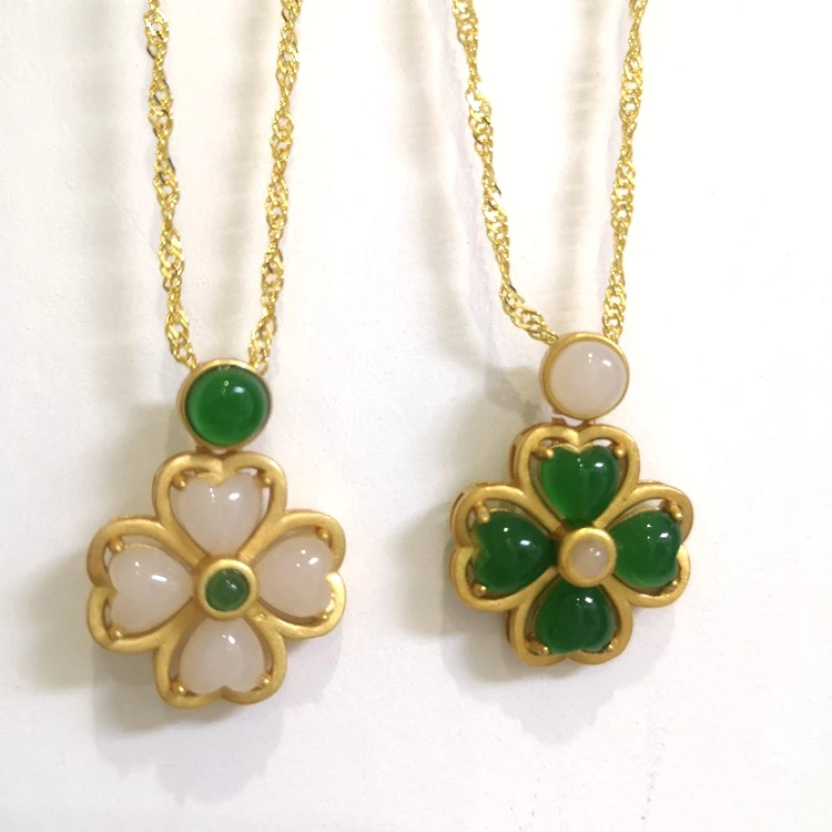 

jialin jewelry women charms Lucky Four leaf Clover Pendant Necklace Charms Women Gold Plating Jade Necklace