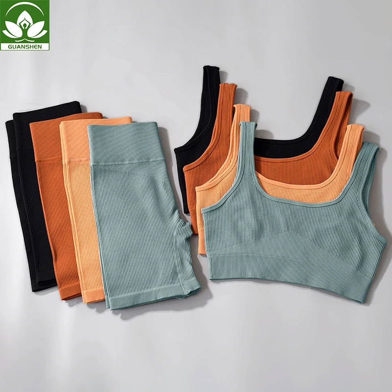 

2021 New Design Workout Clothing Fitness Yoga Wear Ribbed Yoga Shorts And Bra Seamless Sports Set Women