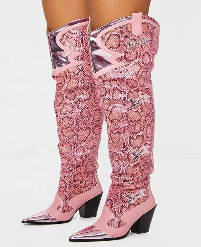 

Hot Selling Fashion Pink Snake Skin Ladies Boots Shiny Pu Patchwork Neon Women Dress Shoes New Style Sexy Over Knee High Boots