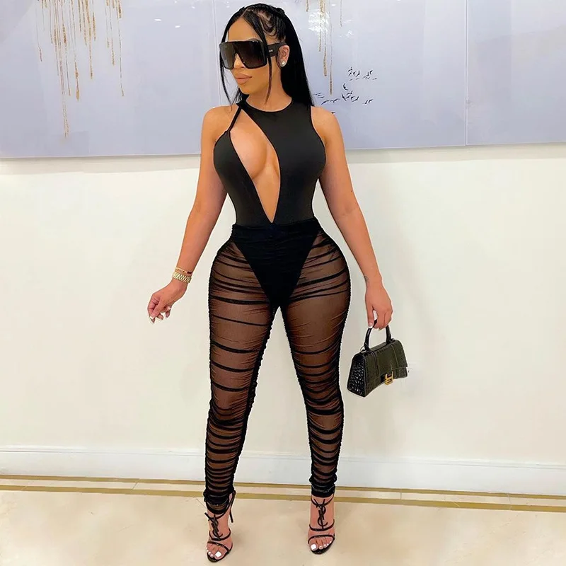 

Women New Solid Color Sexy Irregular One Piece High Waist Hollow Trousers Mesh Set