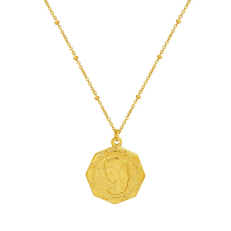 

French cross border selling vintage relief girl necklace titanium steel 18K gold clavicle chain jewelry