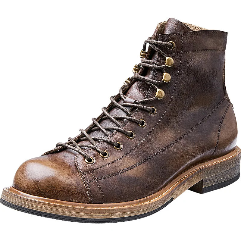 

New Fashion Brown man boots hitop high quality tresemme botanique Genuine Leather Martin cowboy boots men, Brown/black