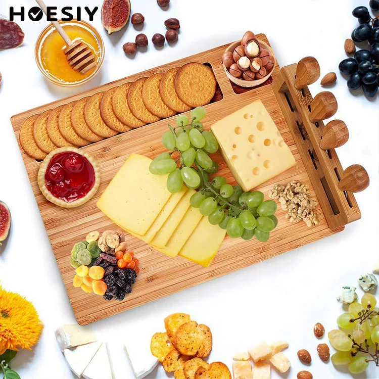 

Rectangle Natural Bamboo Cutting Board Cheese Board Knife Set Platter Serving Wooden Plate Bamboo Charcuterie Tary Cheese Board, Natural wood color