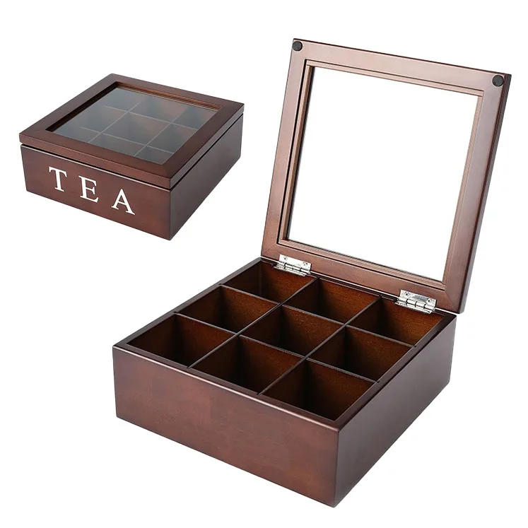 
Natural Oak Wooden Tea Boxes Wood Tea Bag Storage Box 9 Compartments 