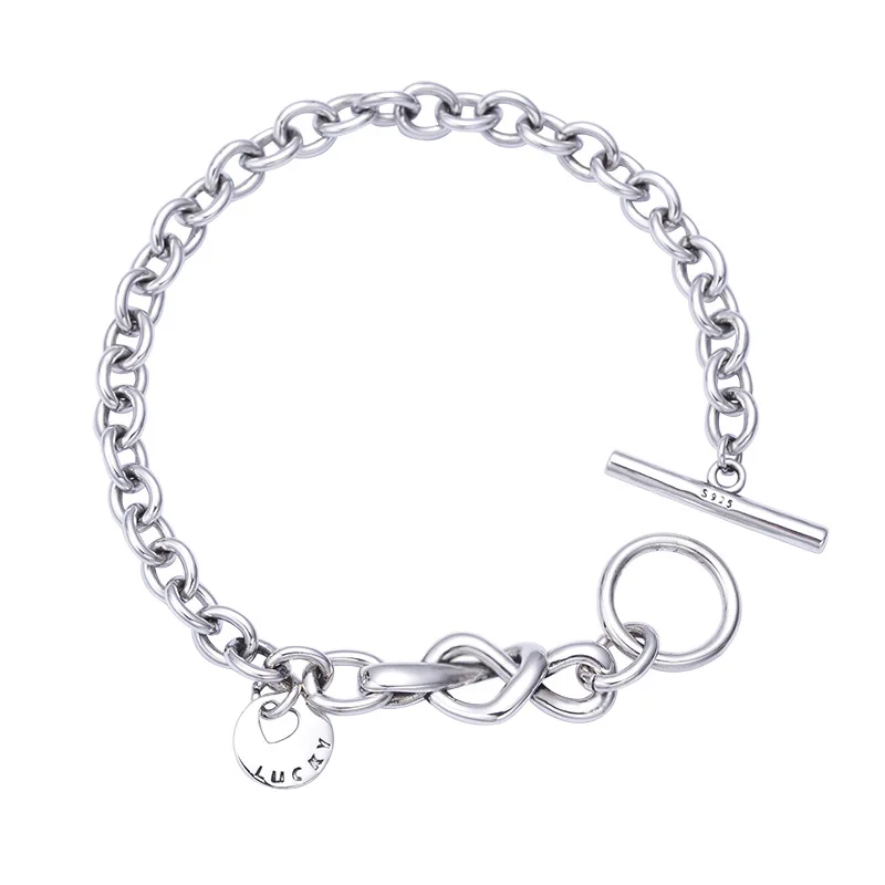 

Retro Women's Solid 925 Sterling Silver Heart Shaped Coin Bracelet S925 Sterling Silver Link Chain Bracelet with Toggle Clasp