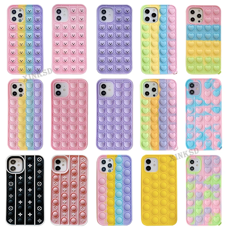 

Popping Bubble Fidget Toys Case For Iphone 12 11 pro max xs xr 6 7 8 plus Se For samsung Pops it Soft Silicone phone case, 12 colors